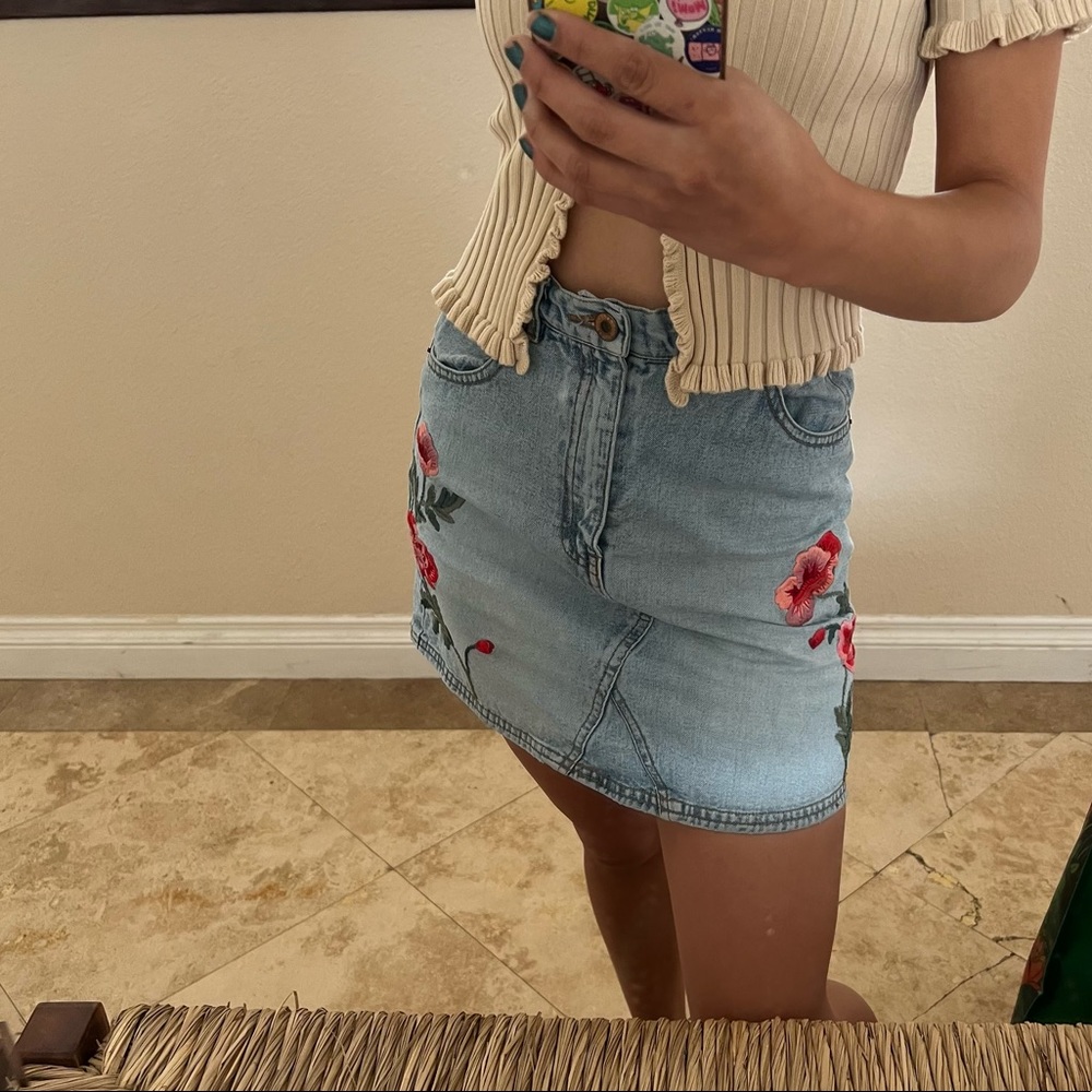 Embroidered Jean Skirt